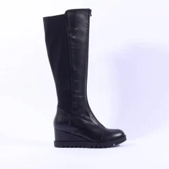 Women Marco Moreo Chiara Front Zip Wedge Knee - Black Leather
