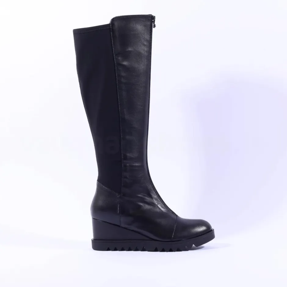 Women Marco Moreo Chiara Front Zip Wedge Knee - Black Leather