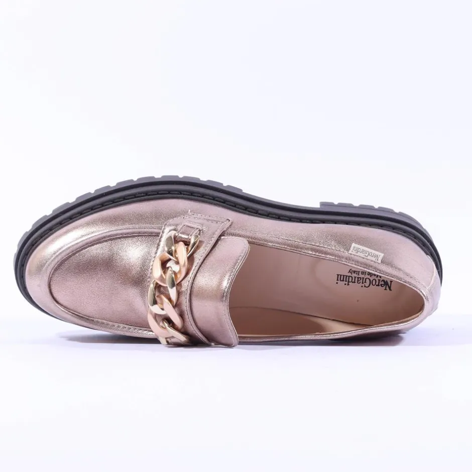 Women NeroGiardini Chunky Sole Link Loafer - Metallic Leather