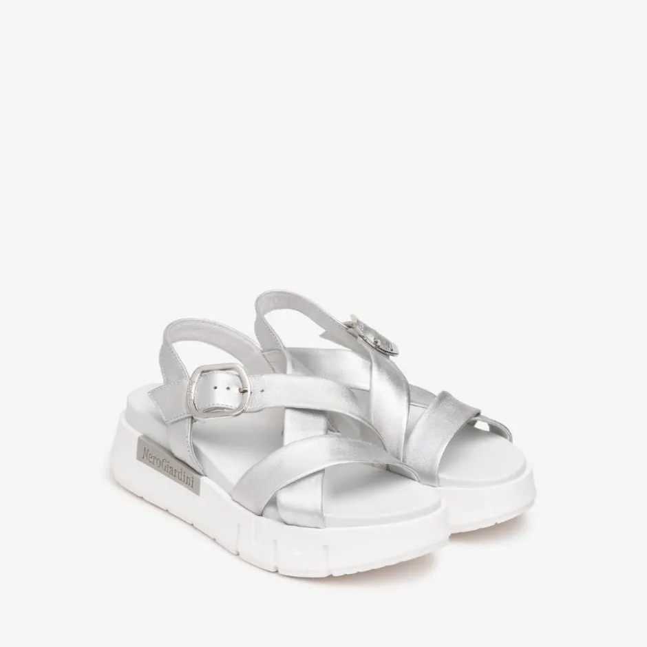 Women NeroGiardini Chunky Sole Strappy Sandal - Silver