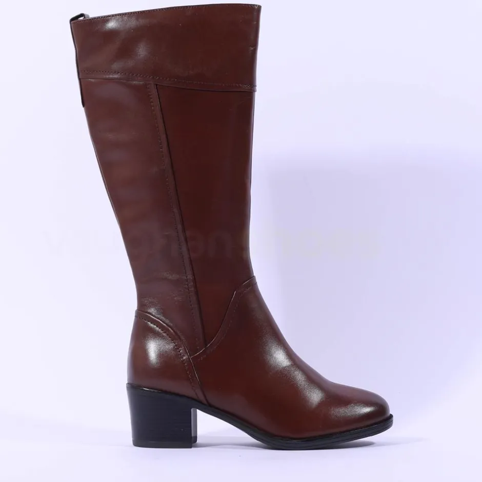 Women Caprice Country Block Heel Long Boot - Cognac Leather