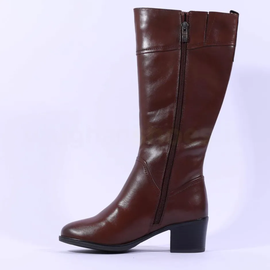 Women Caprice Country Block Heel Long Boot - Cognac Leather