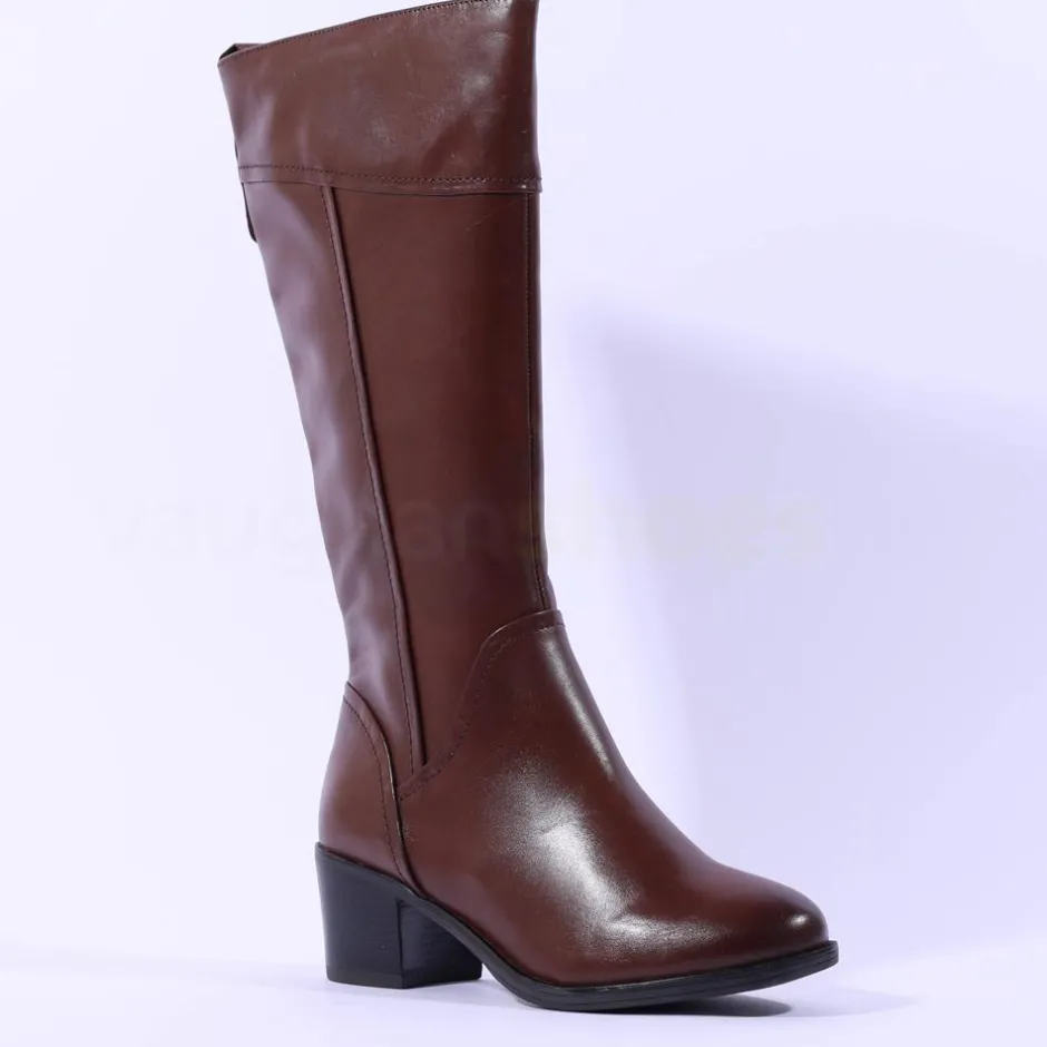 Women Caprice Country Block Heel Long Boot - Cognac Leather