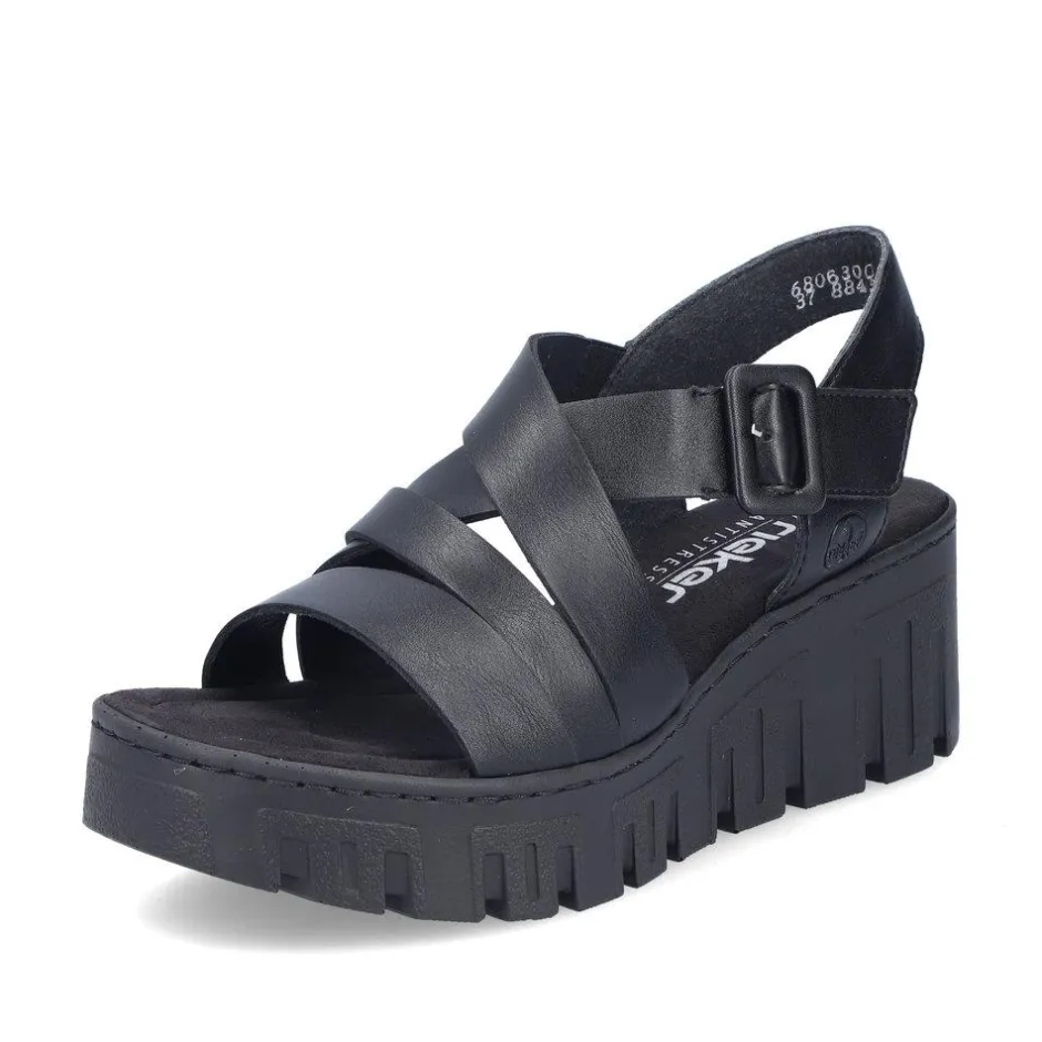 Women Rieker Cross Strap Wedge Platform Sandal - Black