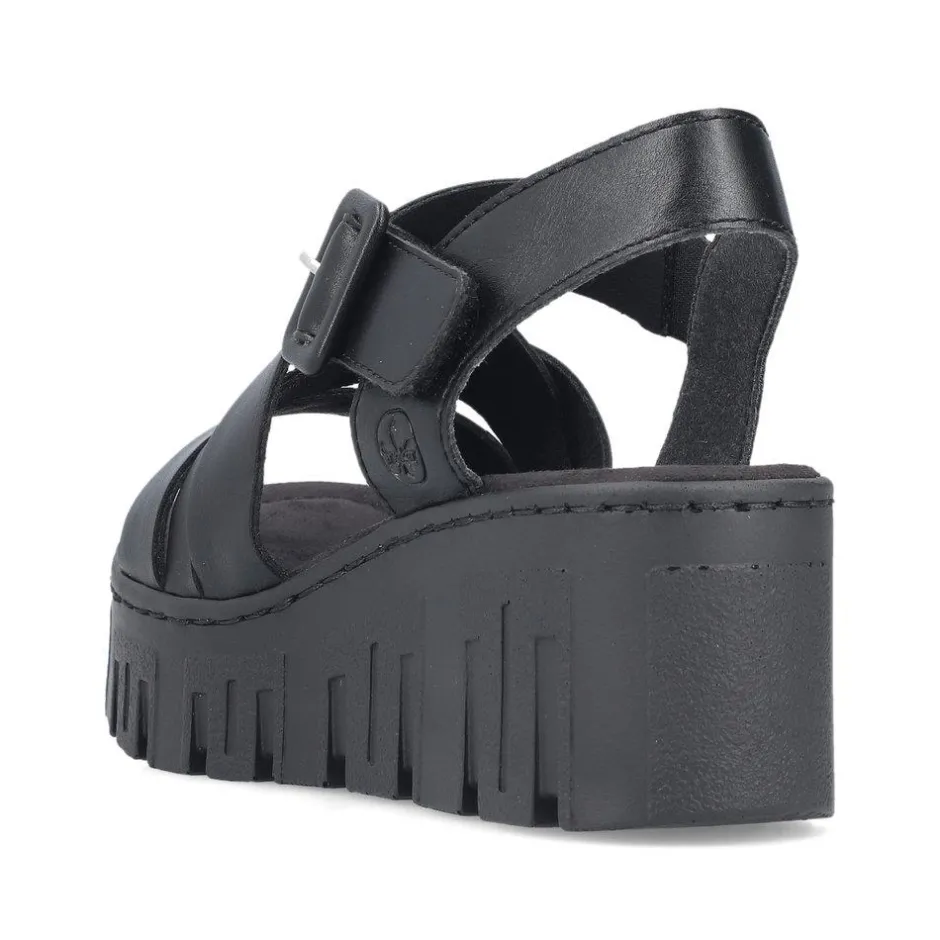 Women Rieker Cross Strap Wedge Platform Sandal - Black