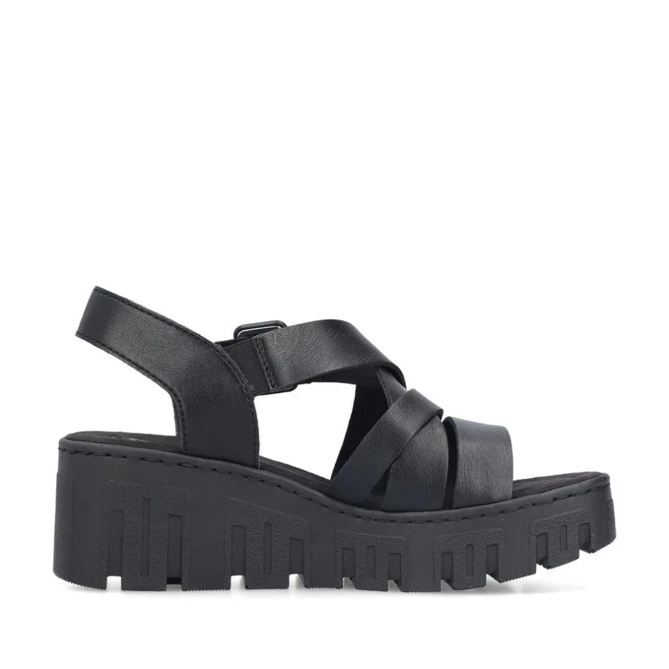 Women Rieker Cross Strap Wedge Platform Sandal - Black