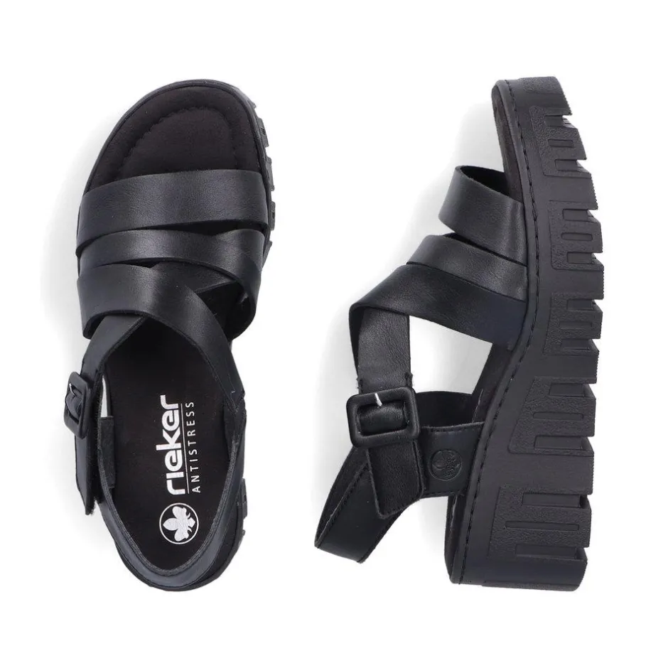 Women Rieker Cross Strap Wedge Platform Sandal - Black
