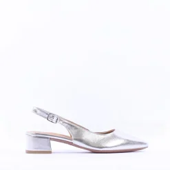 Women Tamaris Cupone Low Block Heel Slingback - Silver Metallic