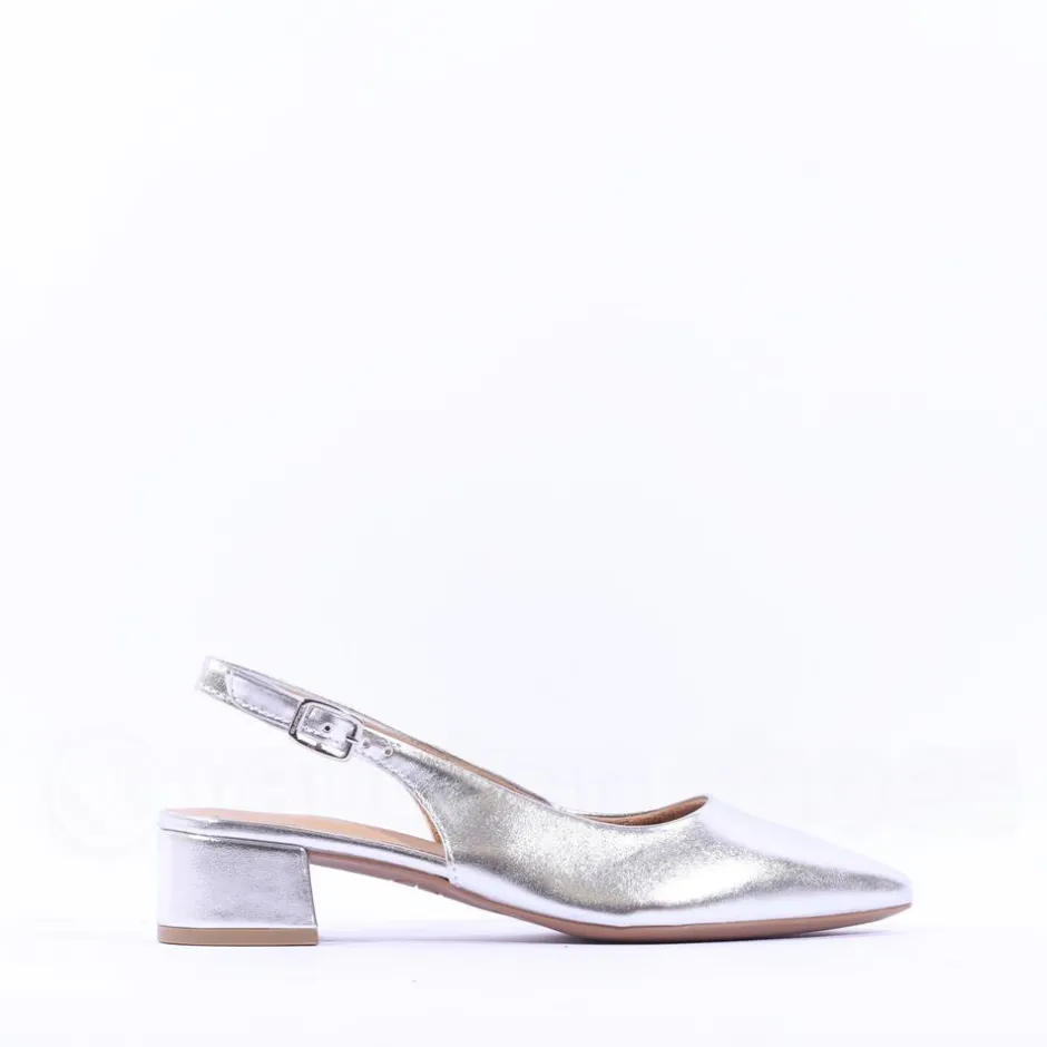 Women Tamaris Cupone Low Block Heel Slingback - Silver Metallic