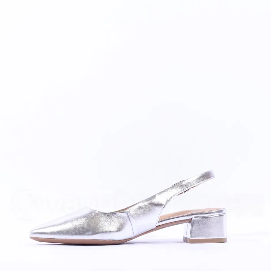 Women Tamaris Cupone Low Block Heel Slingback - Silver Metallic