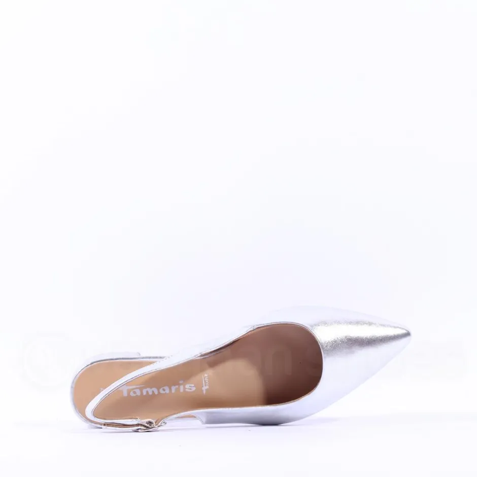 Women Tamaris Cupone Low Block Heel Slingback - Silver Metallic