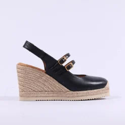 Women Unisa Cyntia Two Strap Espadrille Wedge - Black Leather
