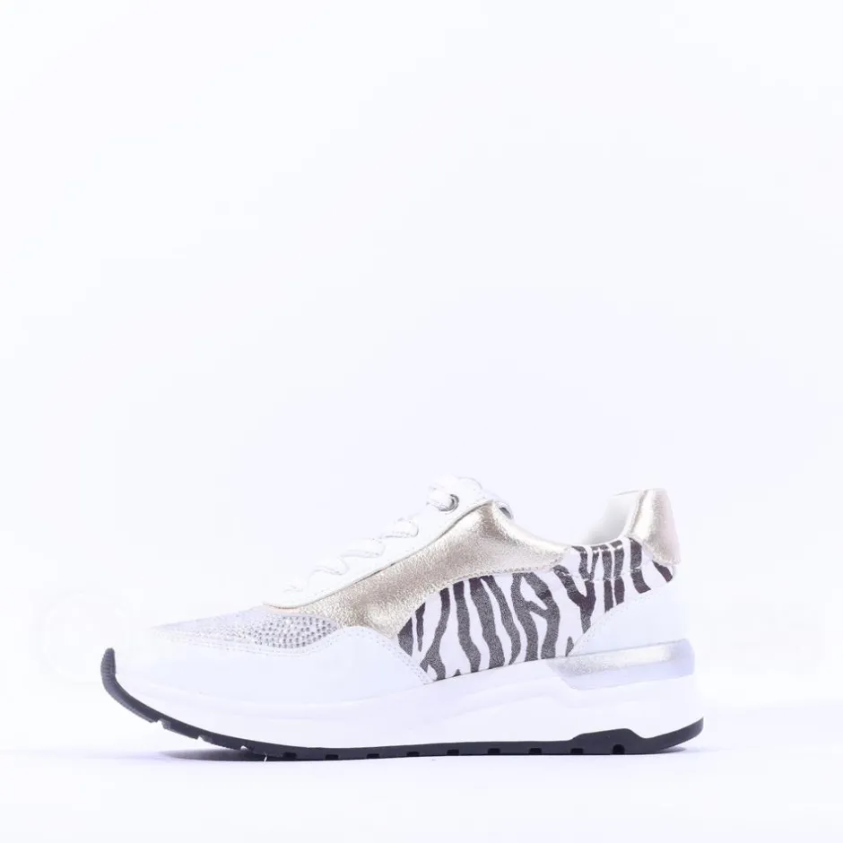 Women Marco Tozzi Damen Side Zip Wedge Trainer - White Print Combi