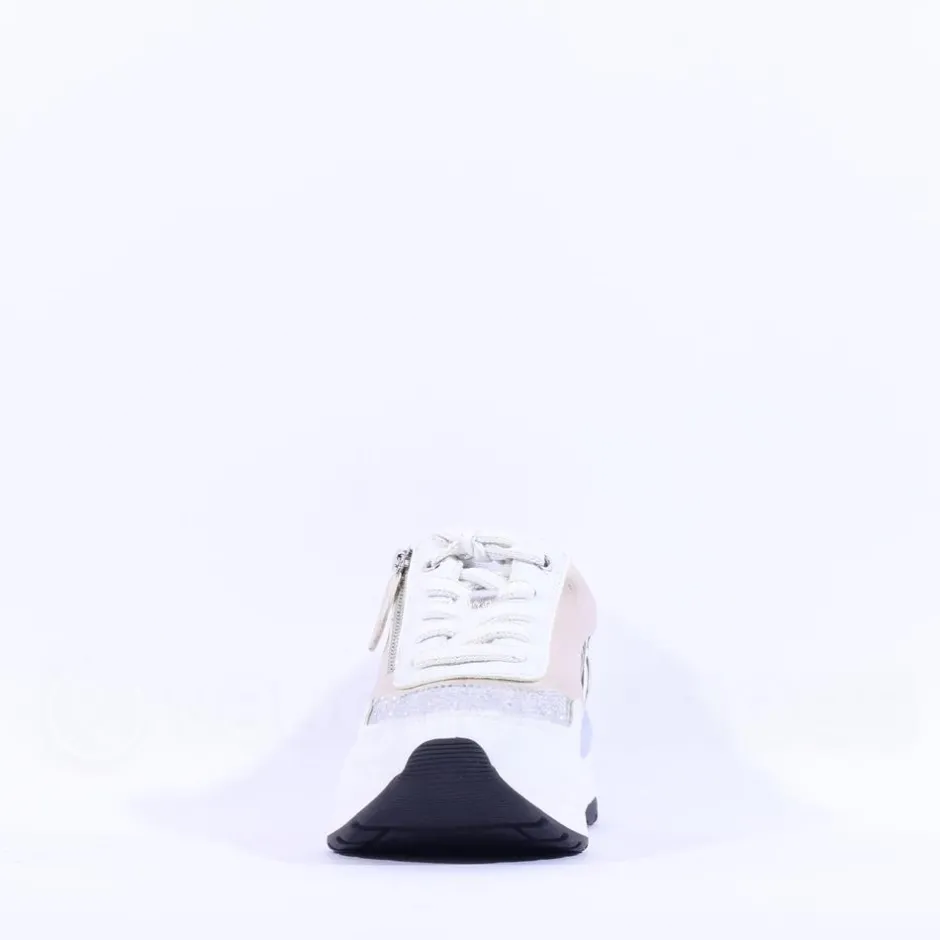 Women Marco Tozzi Damen Side Zip Wedge Trainer - White Print Combi