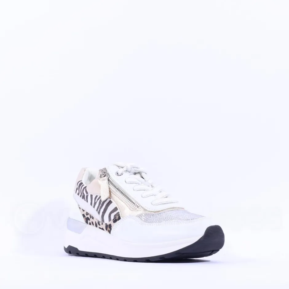 Women Marco Tozzi Damen Side Zip Wedge Trainer - White Print Combi