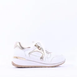 Women Caprice Danica Side Zip Wedge Trainer - White Gold Leather