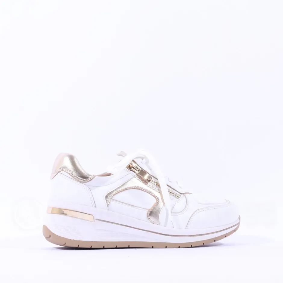 Women Caprice Danica Side Zip Wedge Trainer - White Gold Leather