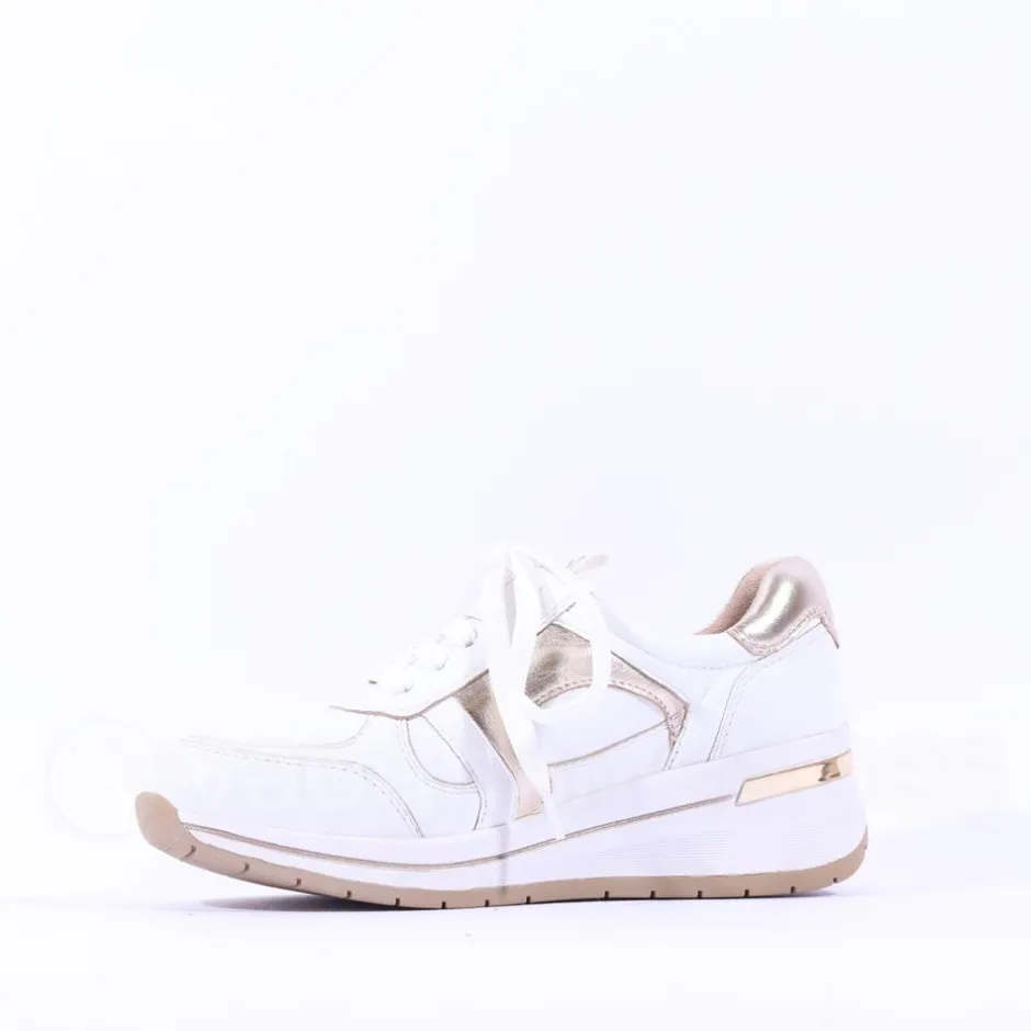 Women Caprice Danica Side Zip Wedge Trainer - White Gold Leather
