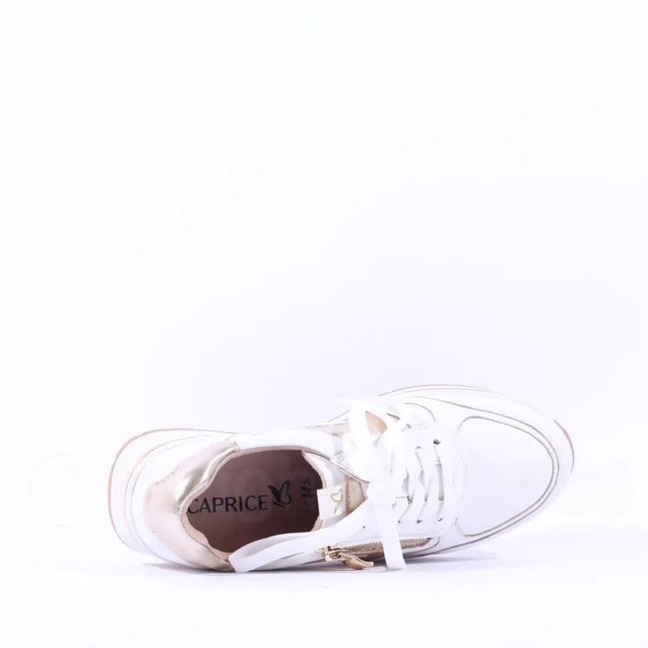 Women Caprice Danica Side Zip Wedge Trainer - White Gold Leather