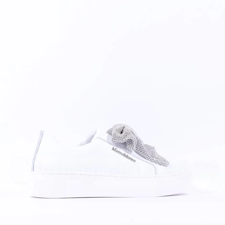 Women Marco Moreo Diamante Bow Low Trainer - White Leather