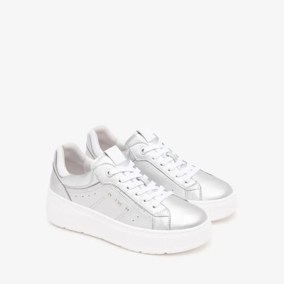 Women NeroGiardini Diamante Trim Trainer - Silver Leather