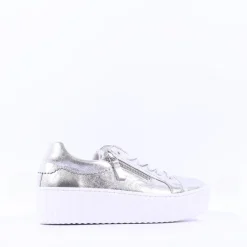 Women Gabor Dolly High Platform Zip Trainer - Silver Leather