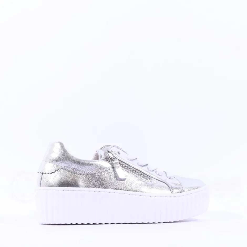 Women Gabor Dolly High Platform Zip Trainer - Silver Leather