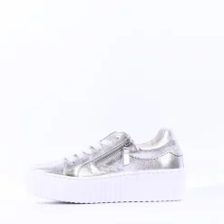 Women Gabor Dolly High Platform Zip Trainer - Silver Leather