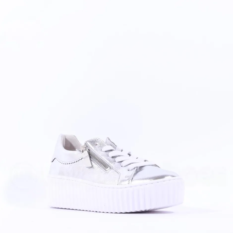 Women Gabor Dolly High Platform Zip Trainer - Silver Leather