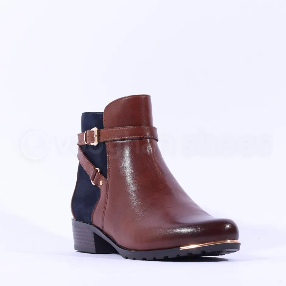Women Caprice Double Strap Ankle Boot Kelli - Tan Navy Leather