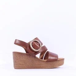 Women Gabor Drama Wedge Ring Buckle Sandal - Camel Leather
