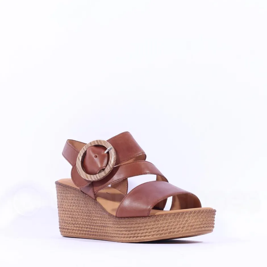 Women Gabor Drama Wedge Ring Buckle Sandal - Camel Leather