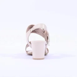 Women Caprice Edison Block Heel Buckle Sandal - Cream Leather