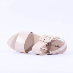 Women Caprice Edison Block Heel Buckle Sandal - Cream Leather