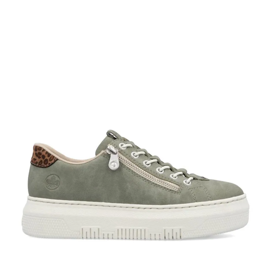 Women Rieker Elasticated Lace Platform Trainer - Green Leopard
