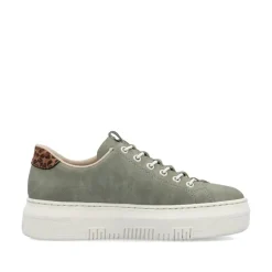 Women Rieker Elasticated Lace Platform Trainer - Green Leopard