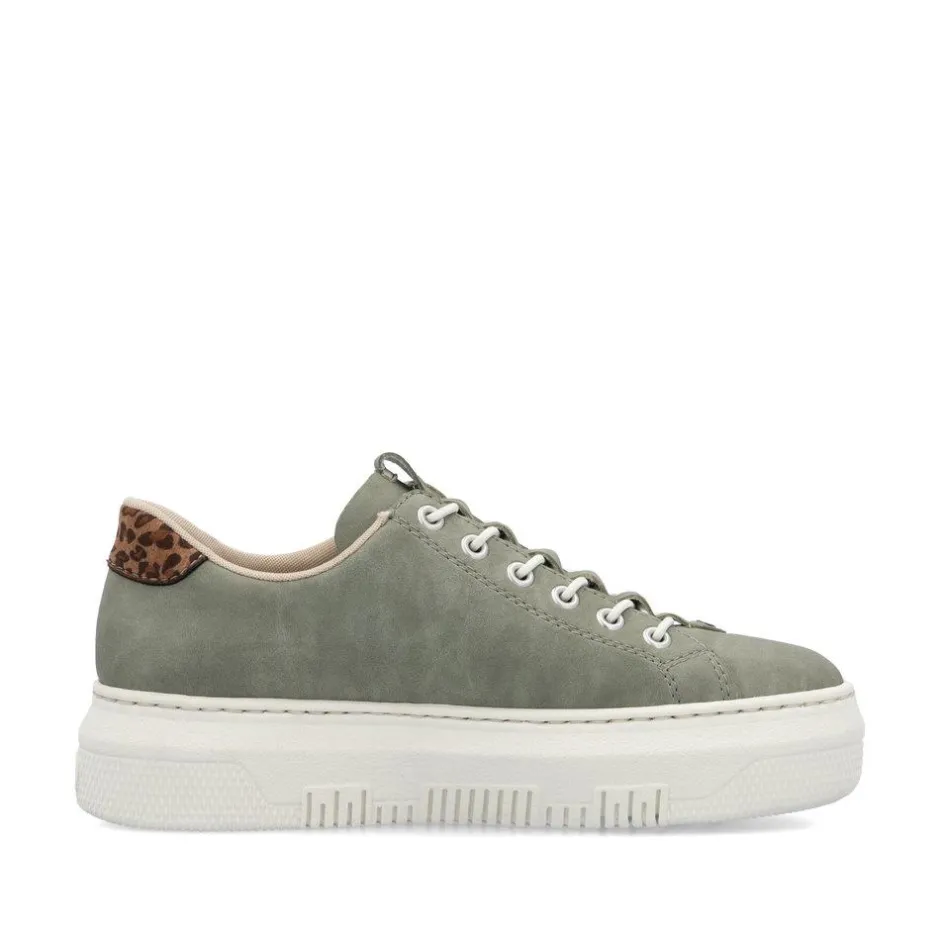 Women Rieker Elasticated Lace Platform Trainer - Green Leopard