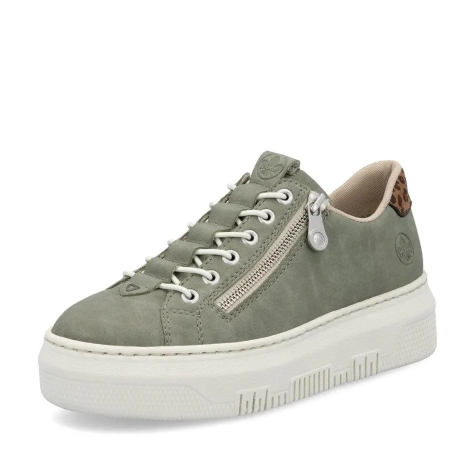 Women Rieker Elasticated Lace Platform Trainer - Green Leopard