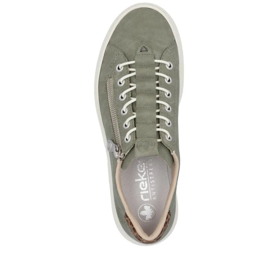 Women Rieker Elasticated Lace Platform Trainer - Green Leopard