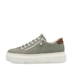 Women Rieker Elasticated Lace Platform Trainer - Green Leopard