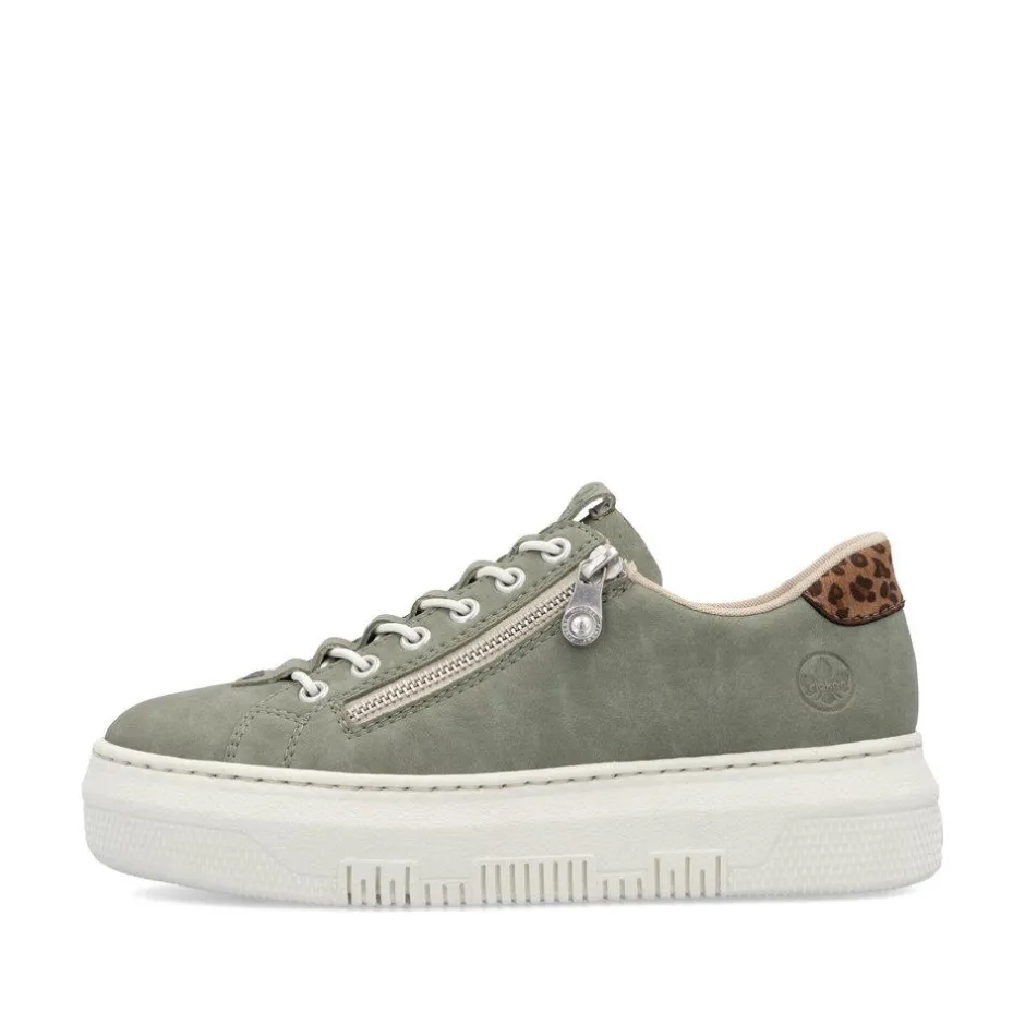 Women Rieker Elasticated Lace Platform Trainer - Green Leopard