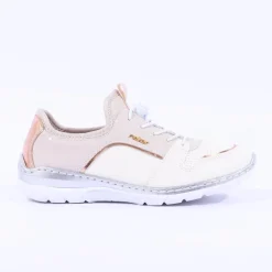 Women Rieker Elasticated Lace Slip On Trainer - Cream Rose Gold
