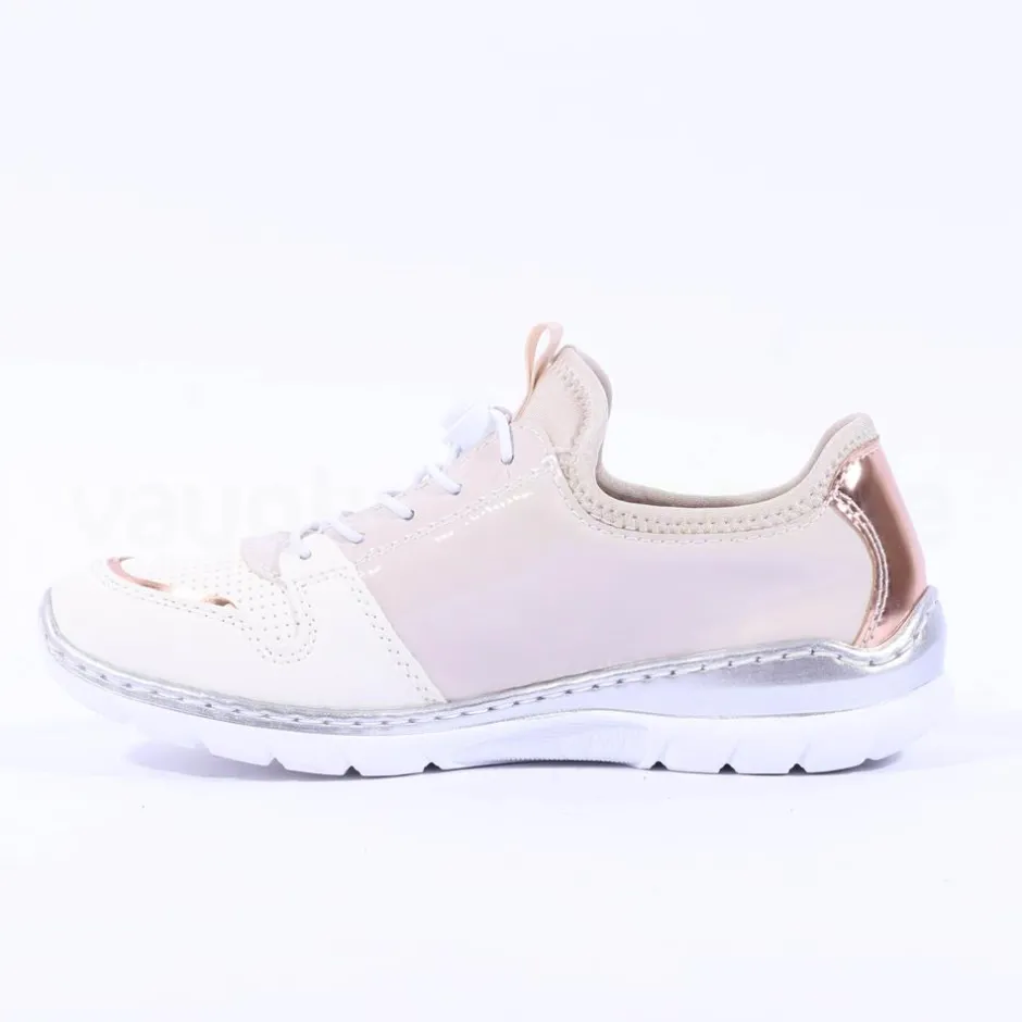 Women Rieker Elasticated Lace Slip On Trainer - Cream Rose Gold