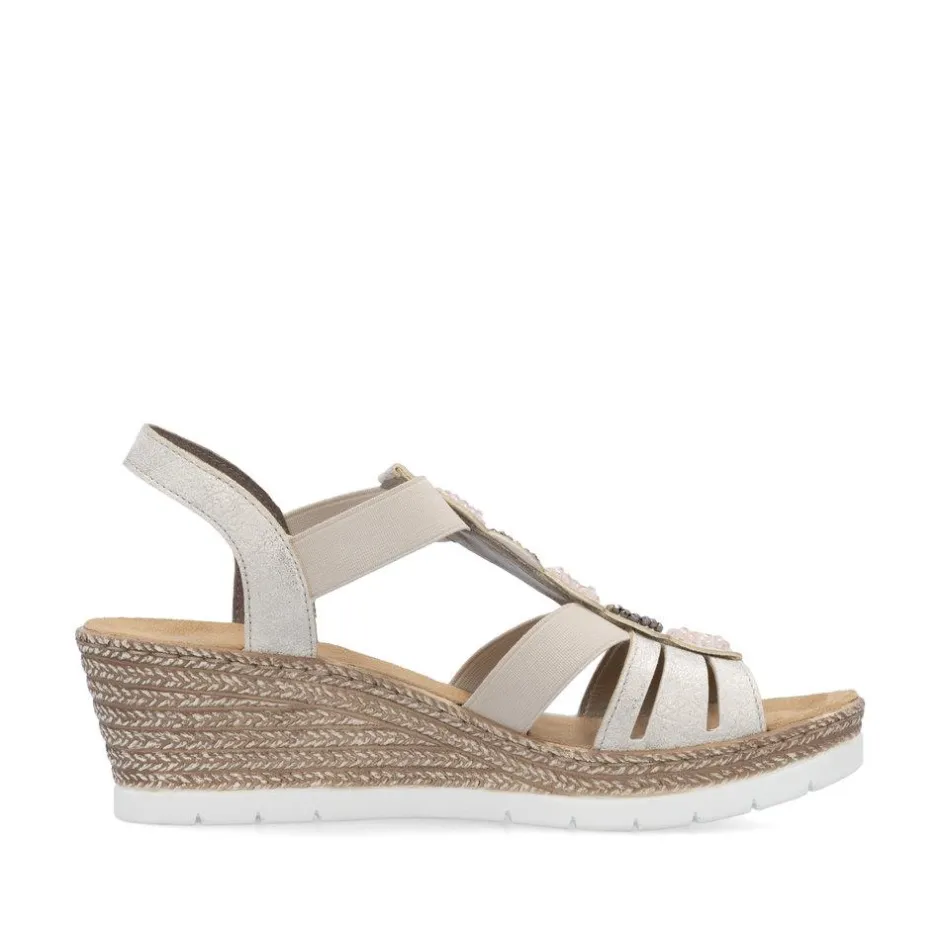 Women Rieker Elasticated Wedge Sandal - Beige Metallic