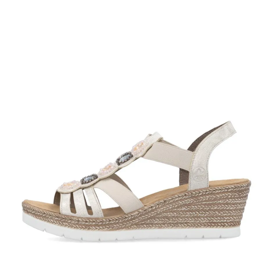 Women Rieker Elasticated Wedge Sandal - Beige Metallic