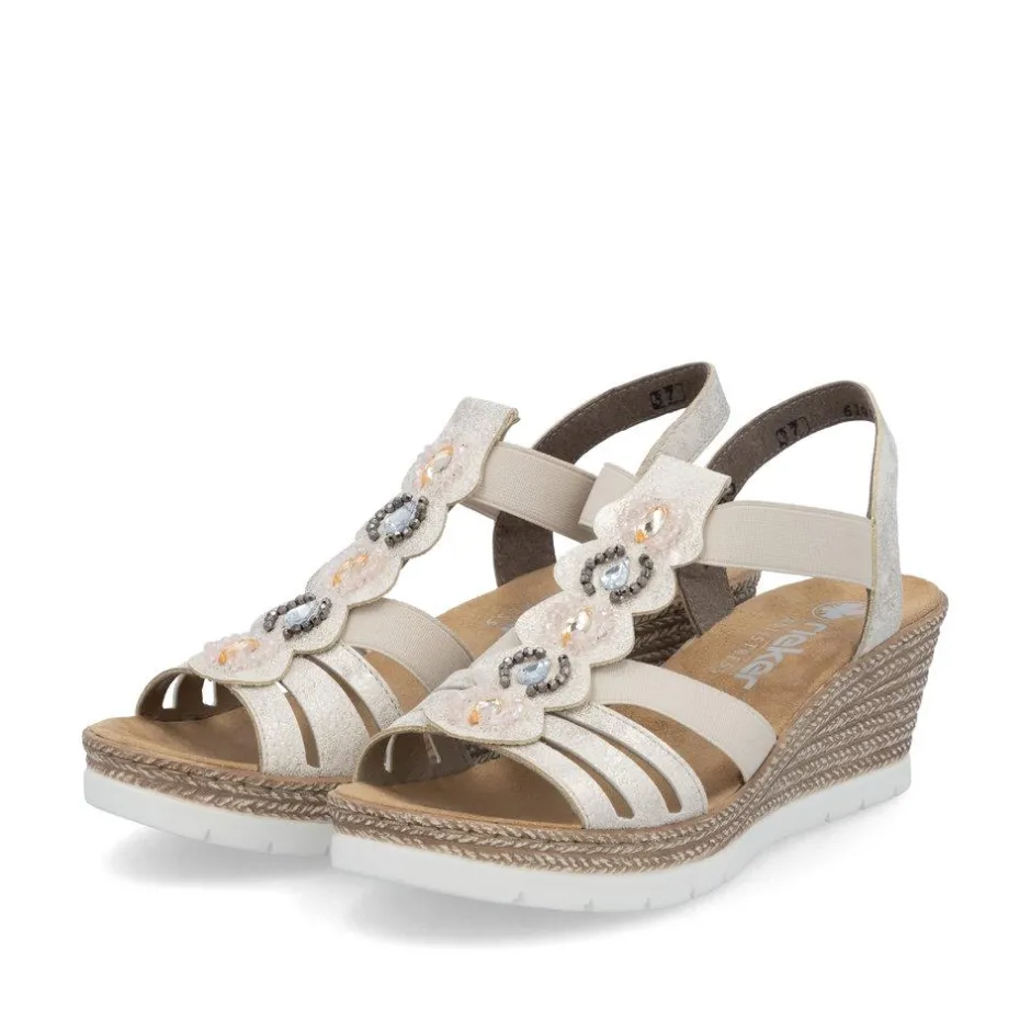 Women Rieker Elasticated Wedge Sandal - Beige Metallic