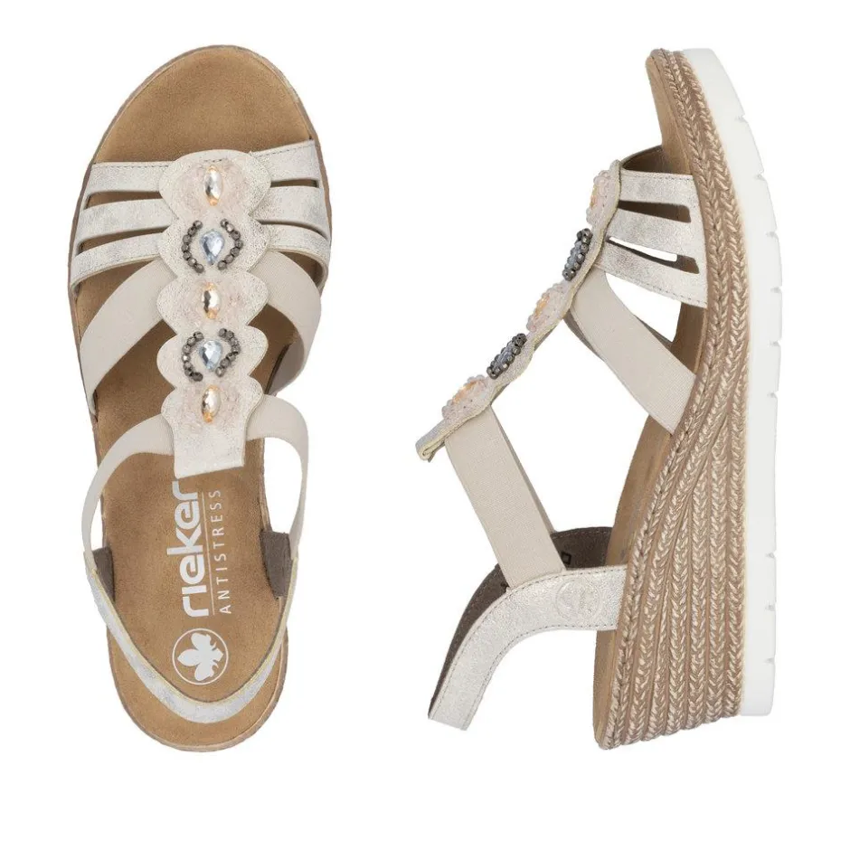 Women Rieker Elasticated Wedge Sandal - Beige Metallic