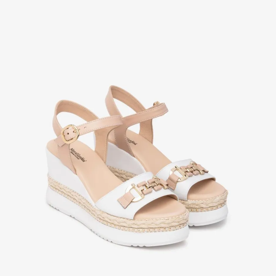 Women NeroGiardini Espadrille Trim Wedge Link - White Nude