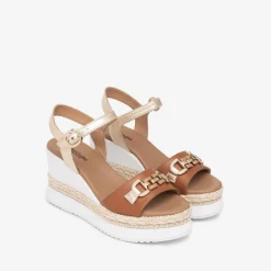 Women NeroGiardini Espadrille Trim Wedge Link - Tan Gold