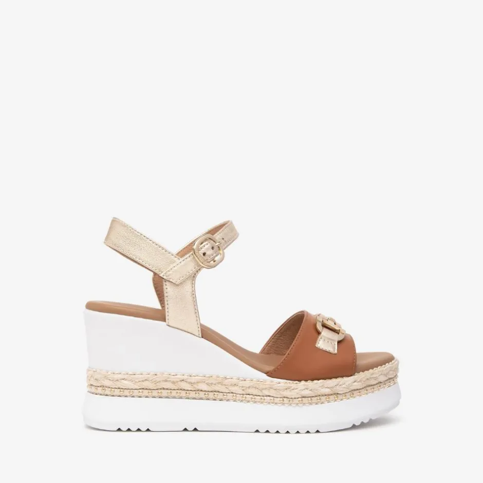 Women NeroGiardini Espadrille Trim Wedge Link - Tan Gold